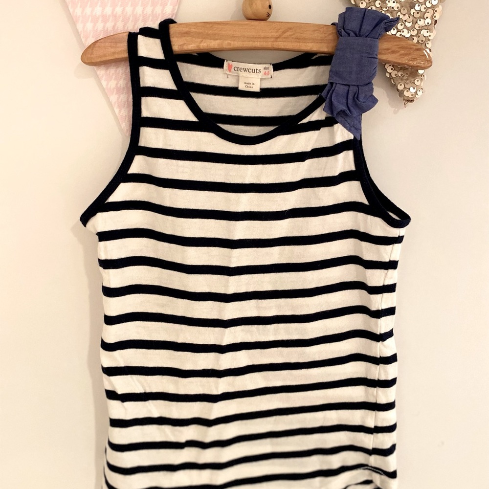 Crewcuts black and white striped tank with blue bow accent. Size 4-5